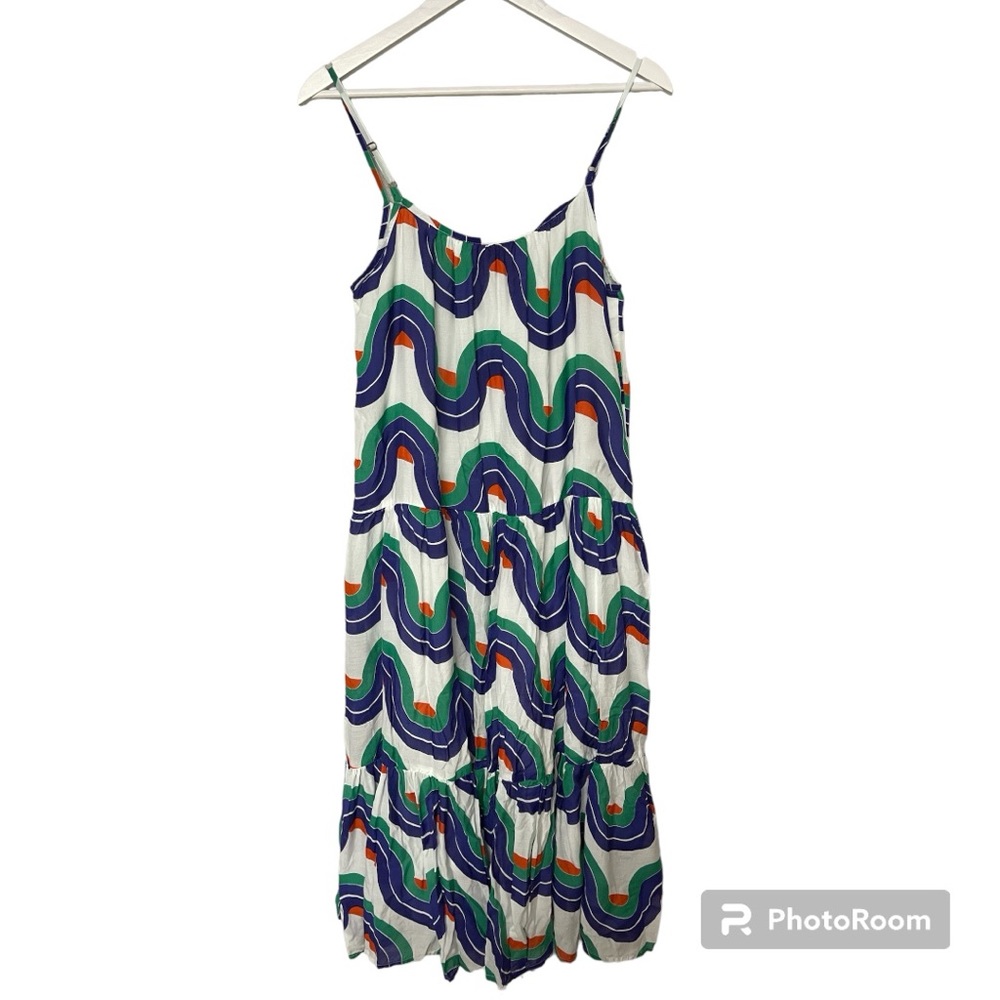Oliphant‎ Blue Abstract Print Tiered Sundress Silk Blend Sleeveless Size S